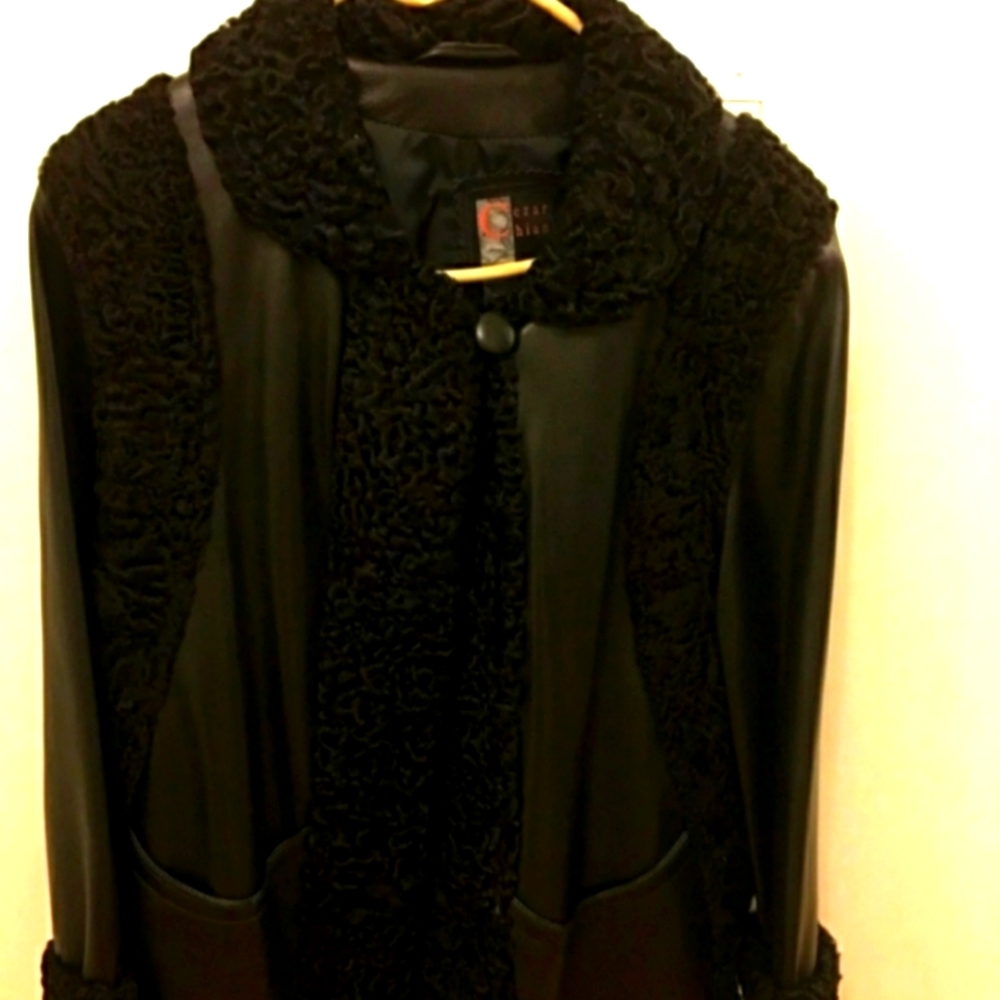 Black lamb fur trim lambskin leather coat L